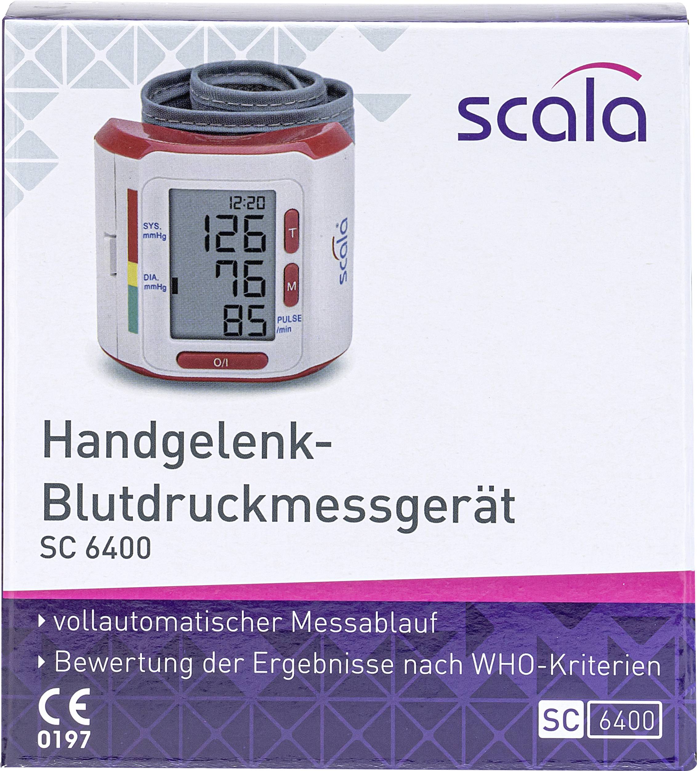 Handgelenk-Blutdruckmessgerät der Marke Scala, Modell SC 6400, mit vollautomatischem Messablauf und WHO-Bewertung der Ergebnisse.