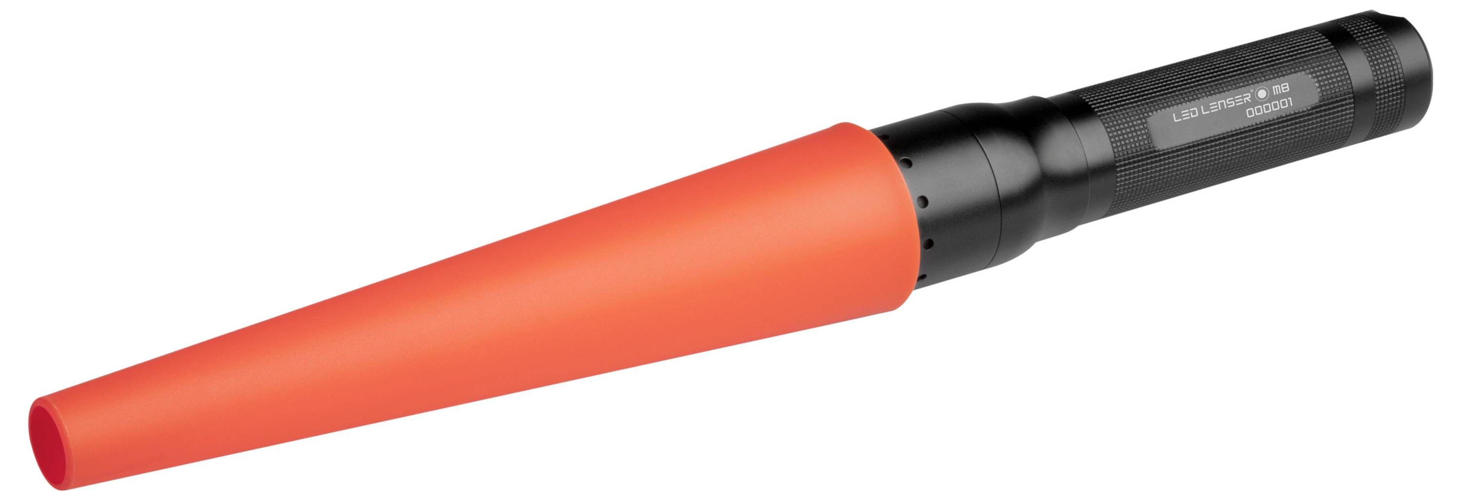 Taschenlampe mit rotem Leuchtaufsatz, geeignet für Verkehrslenkung oder Notfallsituationen, liegt auf einer weißen Fläche.