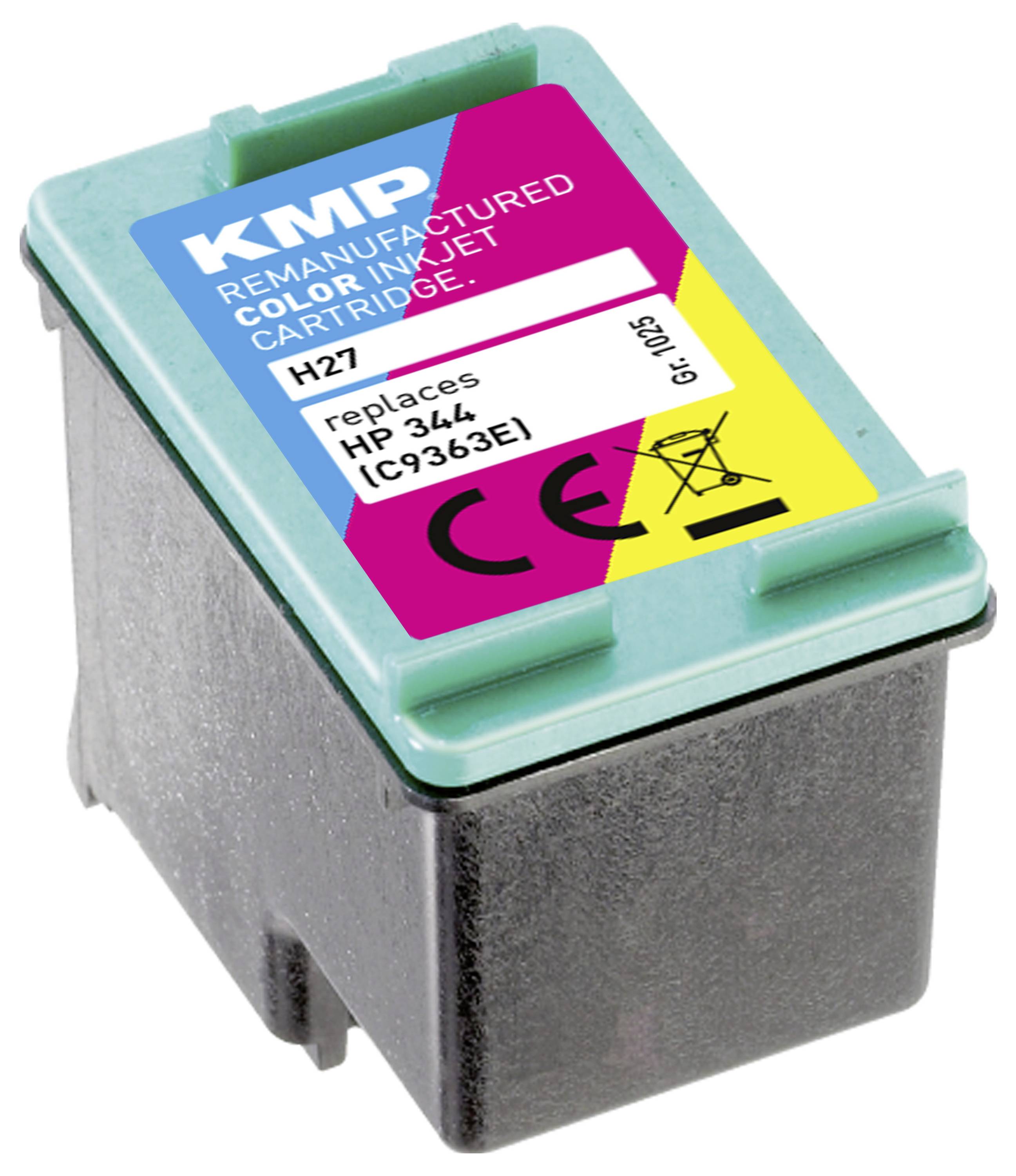 Farbige Tintenpatrone von KMP, Typ H27, ersetzt HP 344. Markierungen: CE-Kennzeichnung, verschiedene Farbpunkte für unterschiedliche Tintenfarben.