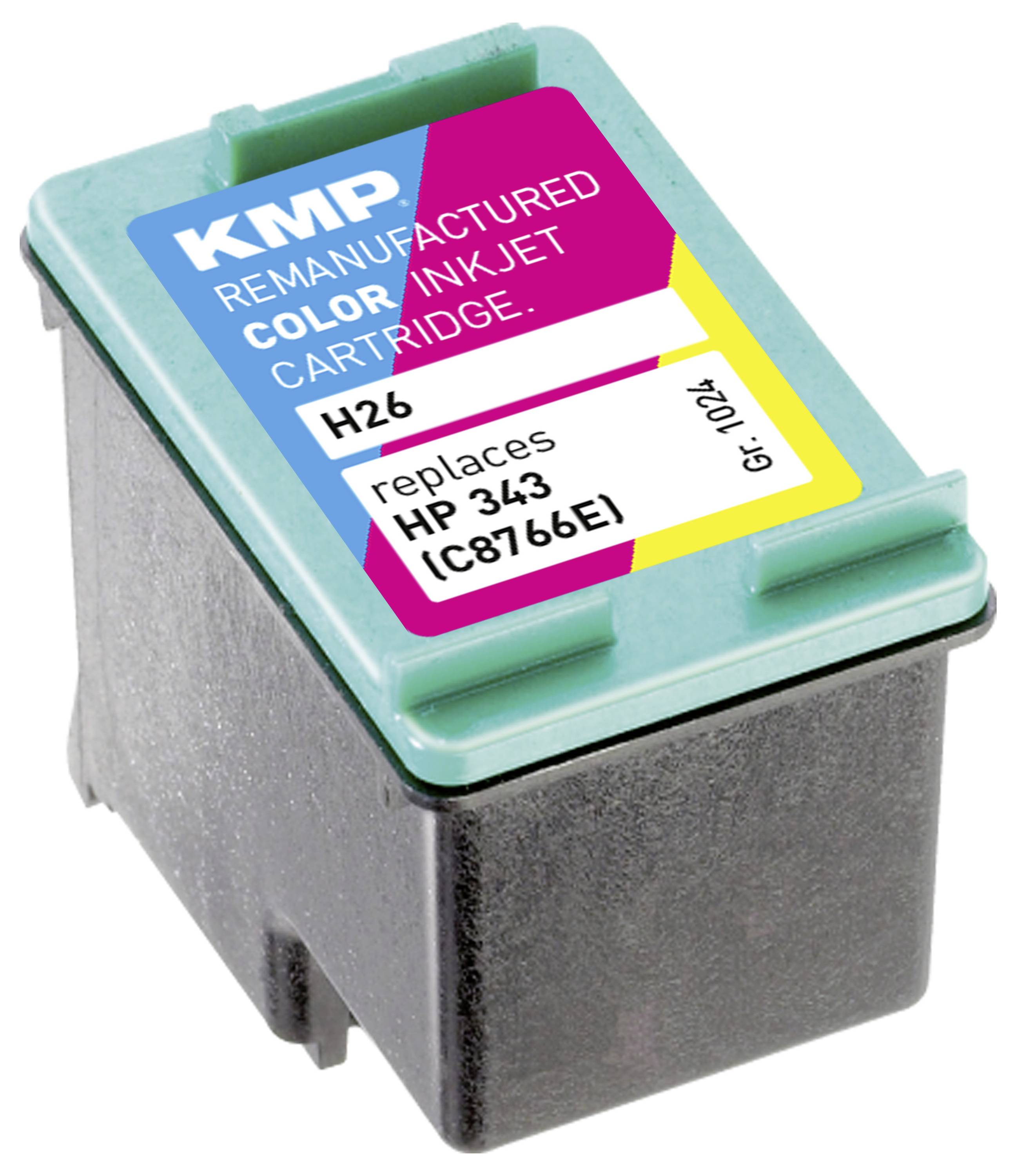 Tintenpatrone mit Aufschrift 'Remanufactured Color Inkjet Cartridge'. Ersetzt HP 343 (C8766E). Marke: KMP, Modell: H26.