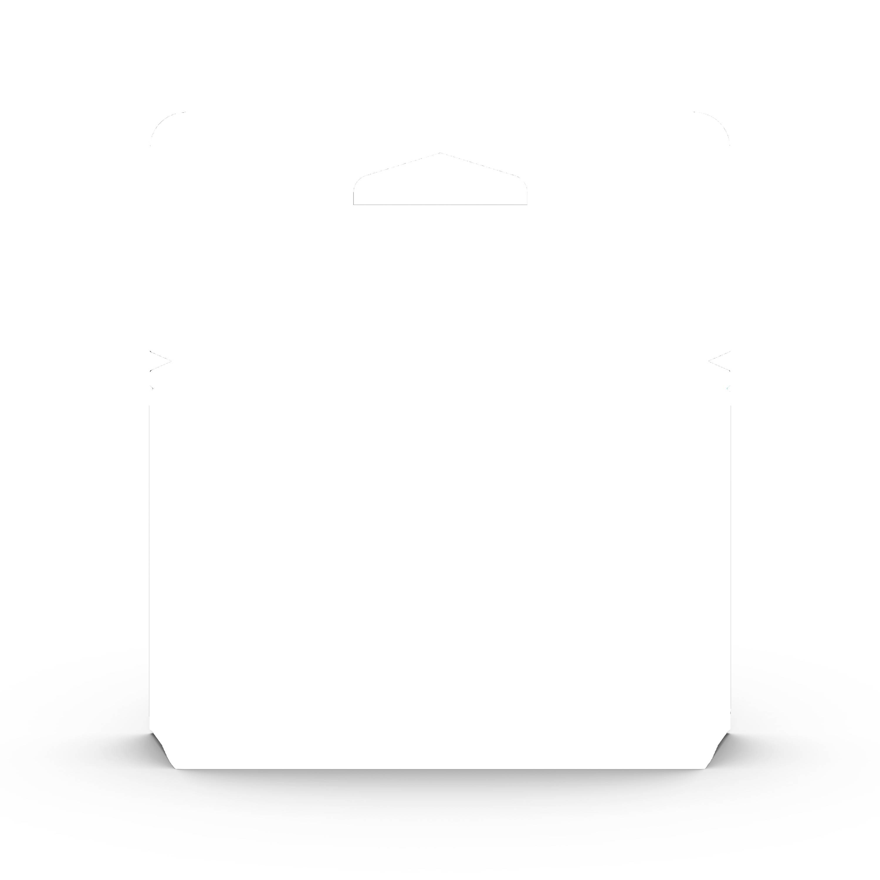 Leere weiße Produktverpackung auf weißem Hintergrund, frontal dargestellt, mit einem leichten Schatten darunter.