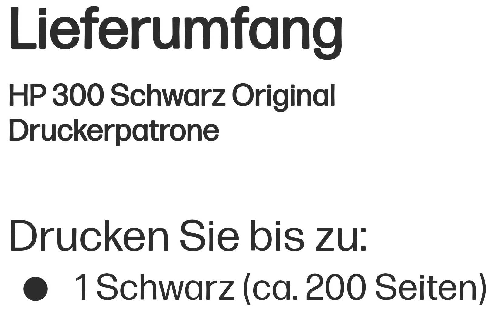 Deutscher Produktverpackungstext mit der Auflistung des Lieferumfangs: HP 300 Original-Druckerpatrone in Schwarz, Druckleistung bis zu 200 Seiten in Schwarz.