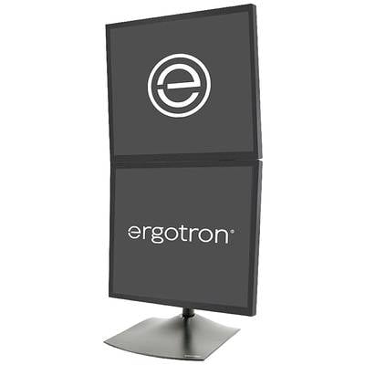 'Ergotron' Doppel-Tischständer mit zwei gestapelten Monitoren, zeigt das Ergotron-Logo auf jedem Bildschirm.