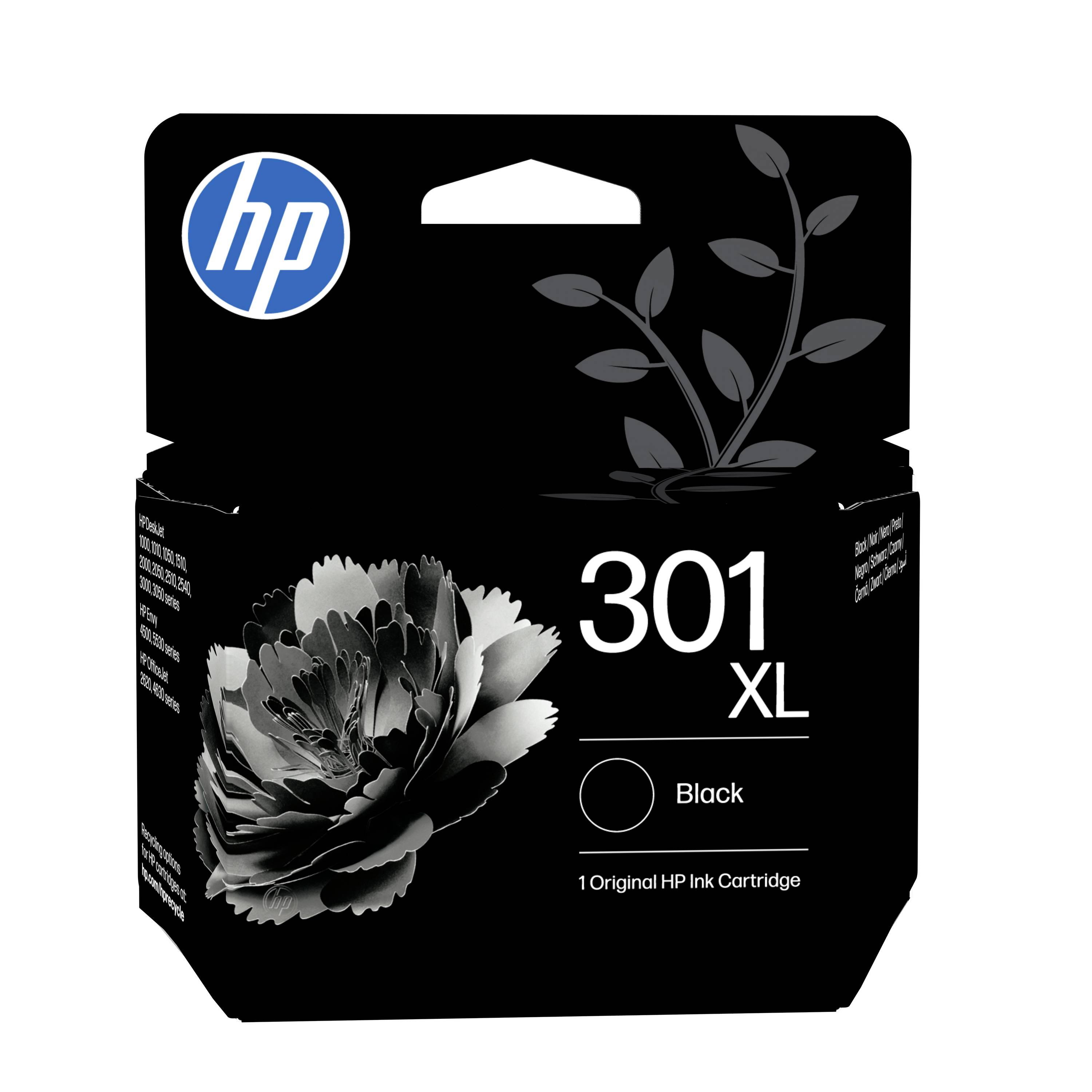 HP 301 XL Tintenpatrone in Schwarz, Verpackung mit Blumenmotiv und HP Logo.