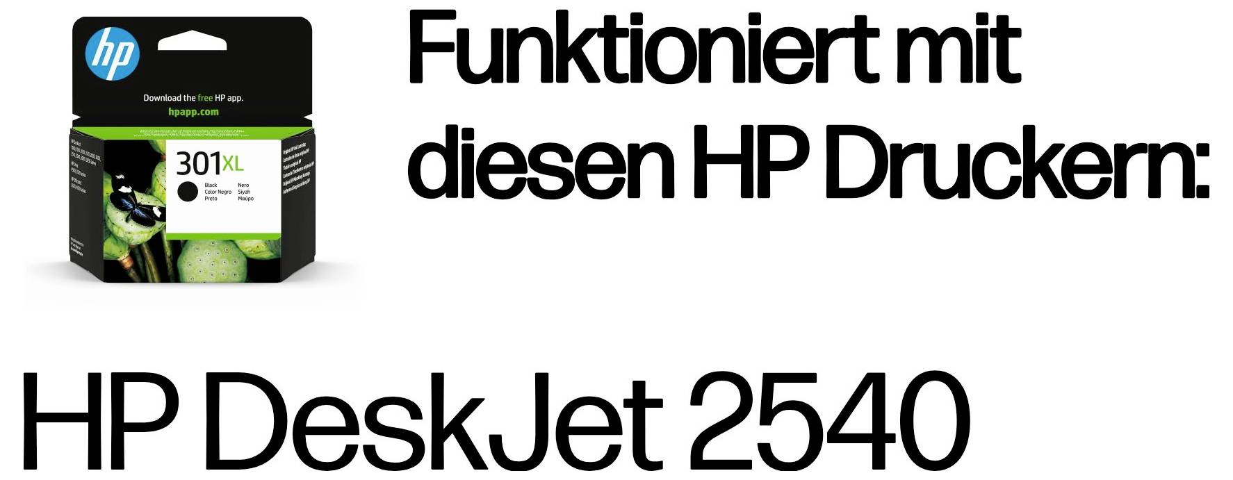 HP-Tintenpatronen-Verpackung mit dem deutschen Text „Funktioniert mit diesen HP Druckern:“ und der Druckerbezeichnung „HP DeskJet 2540“, die die Kompatibilität angibt.