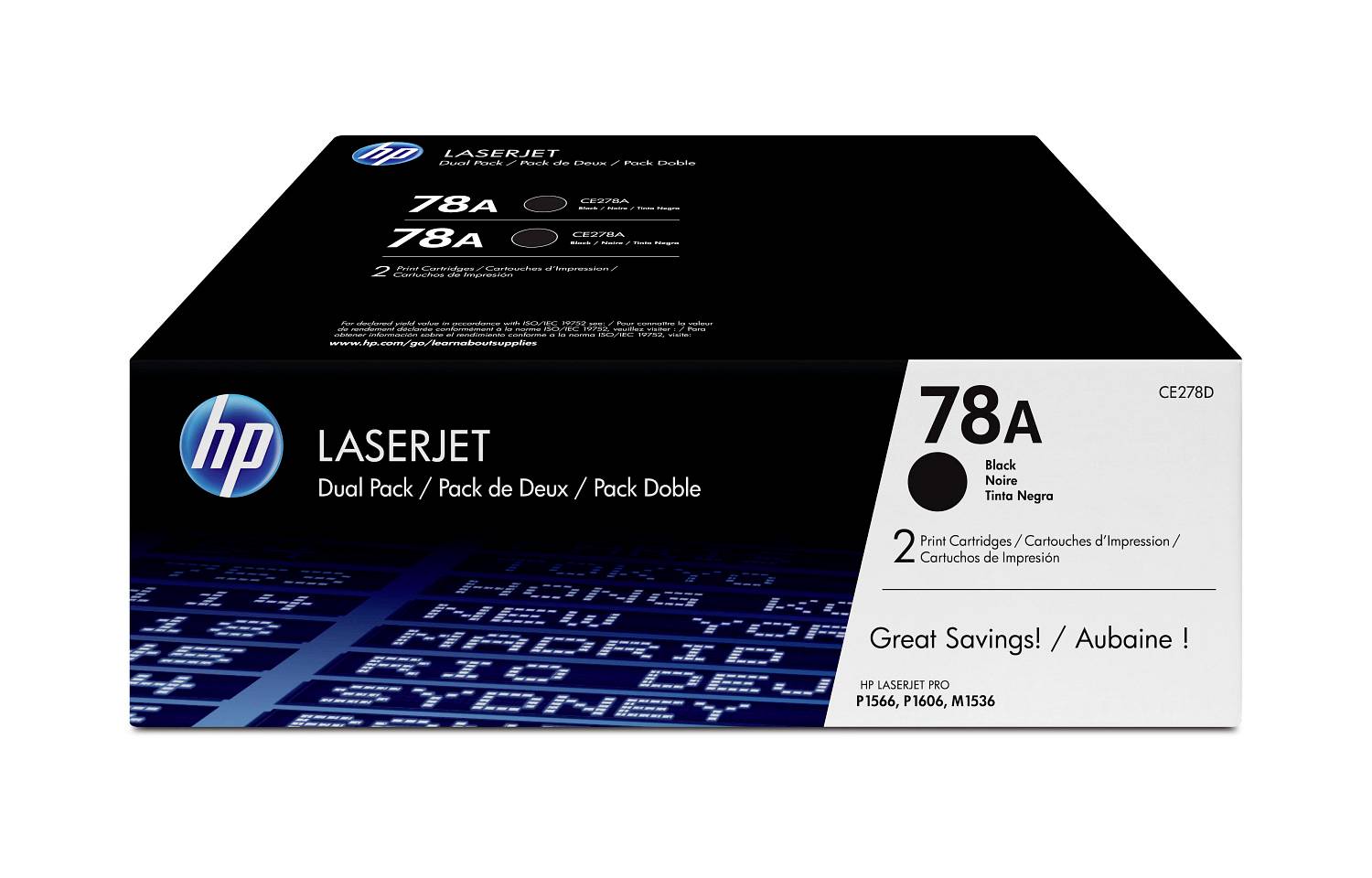 HP LaserJet 78A Schwarzer Tonerpatrone Doppelpack Box mit „Großartige Ersparnisse! / Aubaine!" und Kompatibilität mit P1566, P1606, M1536 Druckern.