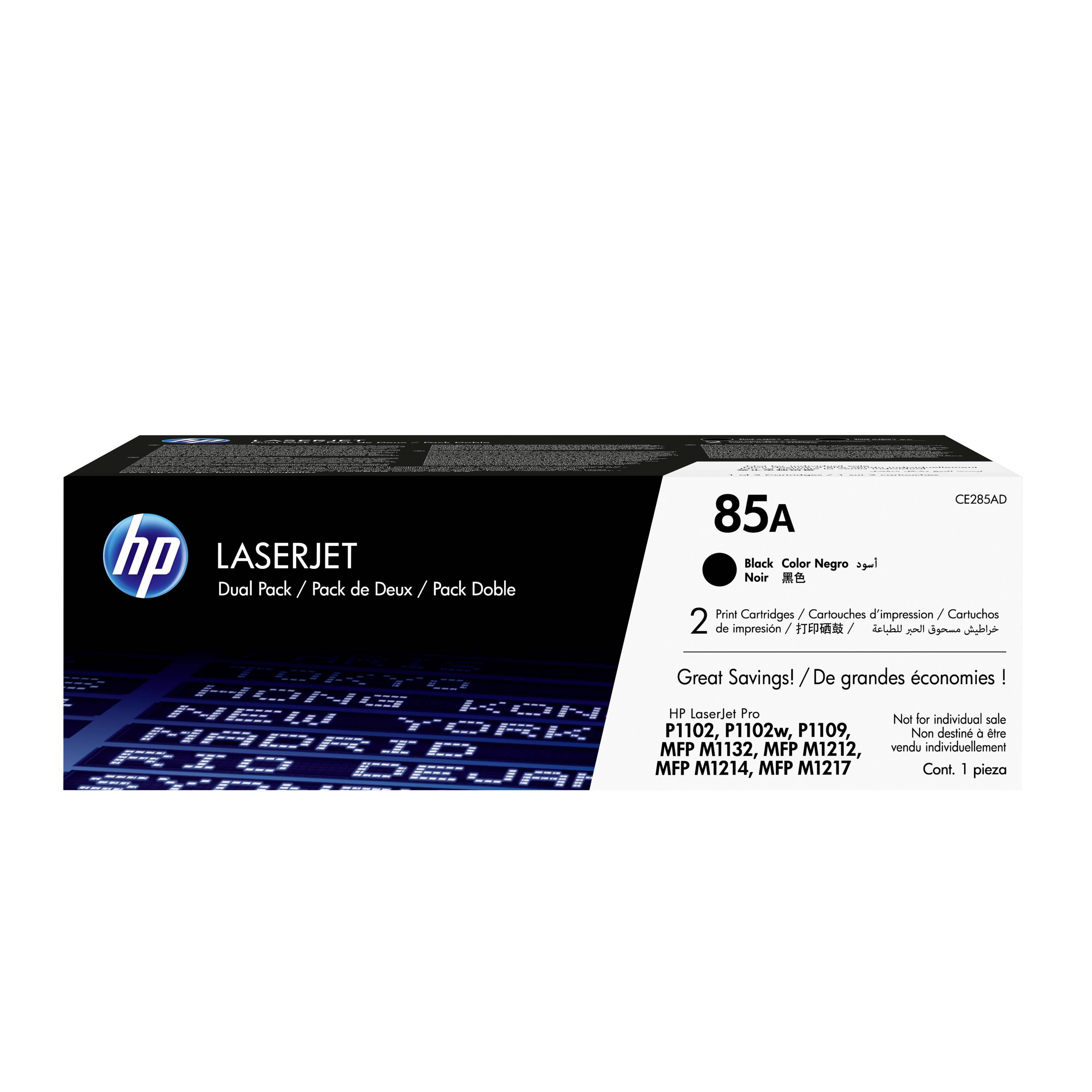 HP LaserJet 85A schwarze Tonerkartusche Doppelpack-Box, gekennzeichnet für mehrere HP-Druckermodelle.