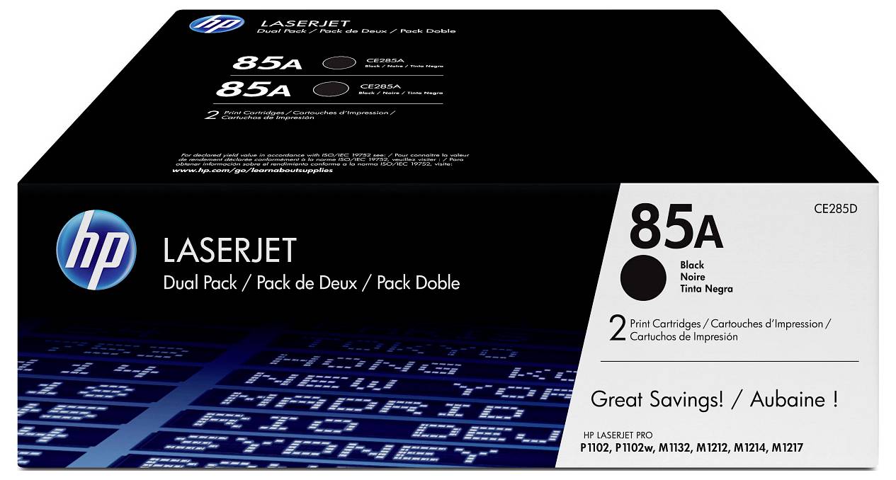 HP LaserJet 85A Schwarztonerduopack Schachtel mit zwei Druckpatronen und Modellkompatibilitätsliste.