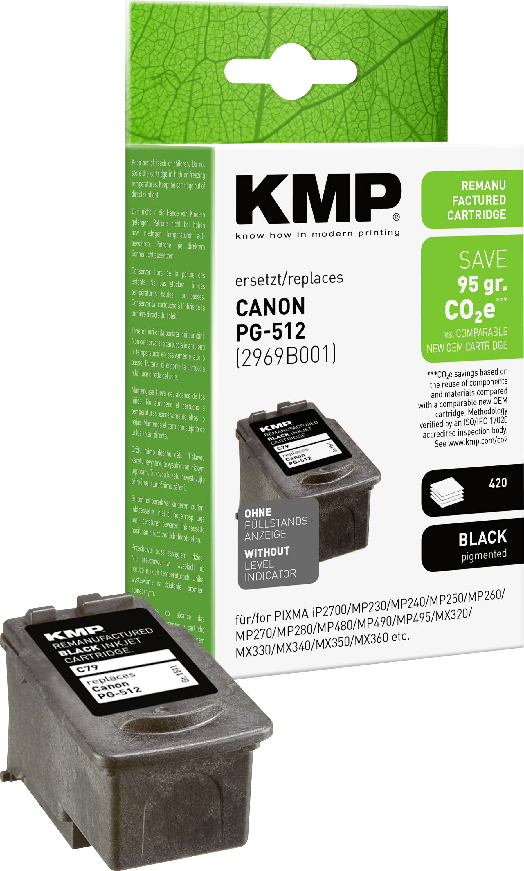 KMP Ersatz-Tintenpatrone in Schwarz für Canon PG-512, dargestellt mit ihrer Einzelhandelverpackung.