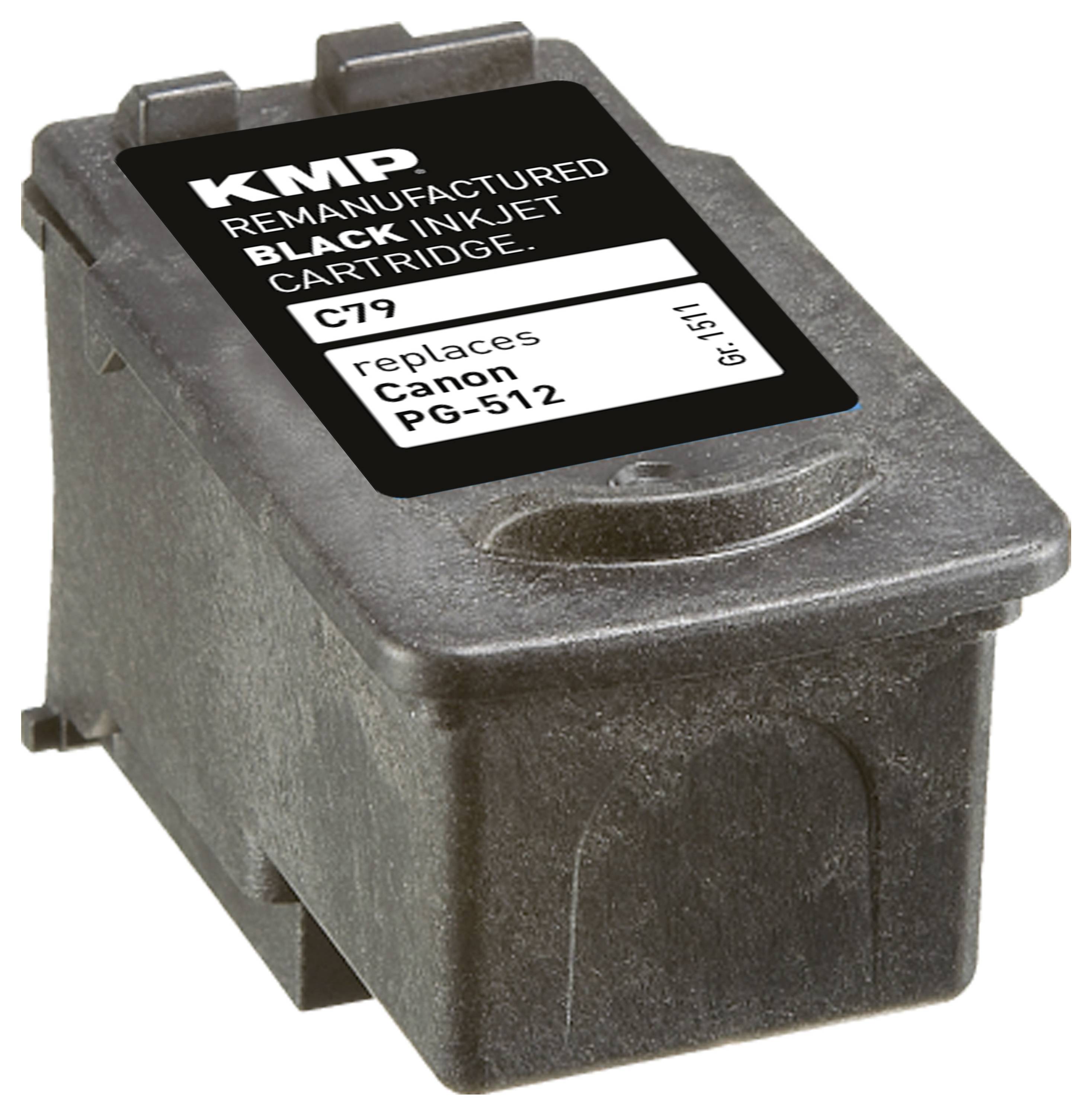 Schwarze Tintenstrahlpatrone mit der Aufschrift „KMP wiederaufbereitete schwarze Tintenstrahlpatrone" für Canon PG-512, Modell C79.
