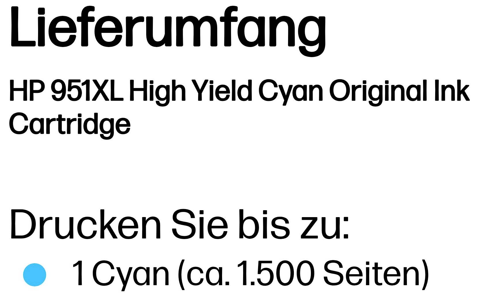 Produktverpackungstext auf Deutsch: „Lieferumfang“ für die HP 951XL Original Tintenpatrone in Cyan mit hoher Reichweite, mit der Angabe, dass bis zu 1 Cyan-Patrone für etwa 1.500 Seiten gedruckt werden kann.