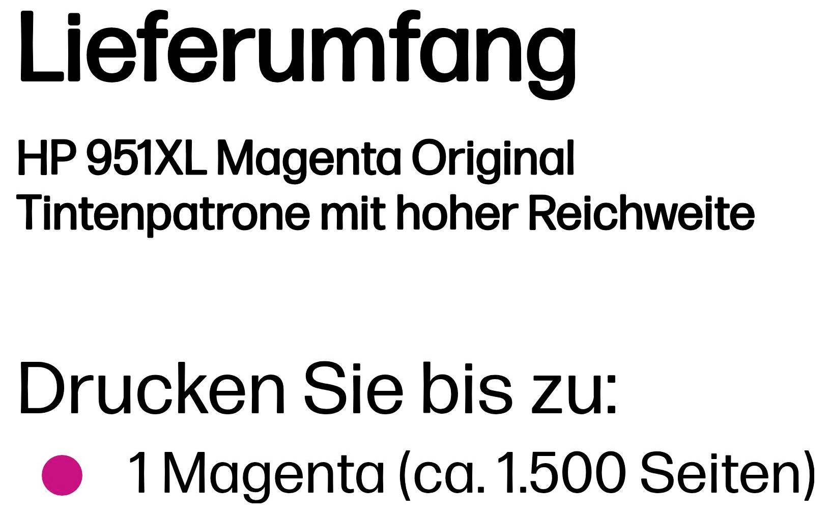 Deutscher Produktverpackungstext mit Inhaltsangabe: HP 951XL Magenta Original-Tintenpatrone, Hochleistung, druckt bis zu 1.500 Seiten.