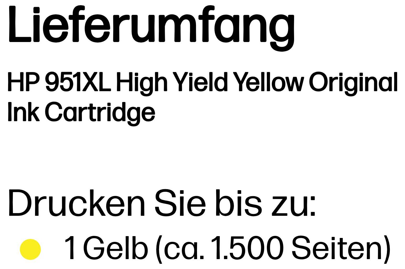 Produktangebot in Deutsch für die HP 951XL Original Tintenpatrone in Gelb mit hoher Reichweite; Druckleistung bis zu 1 gelbe Patrone, etwa 1.500 Seiten.