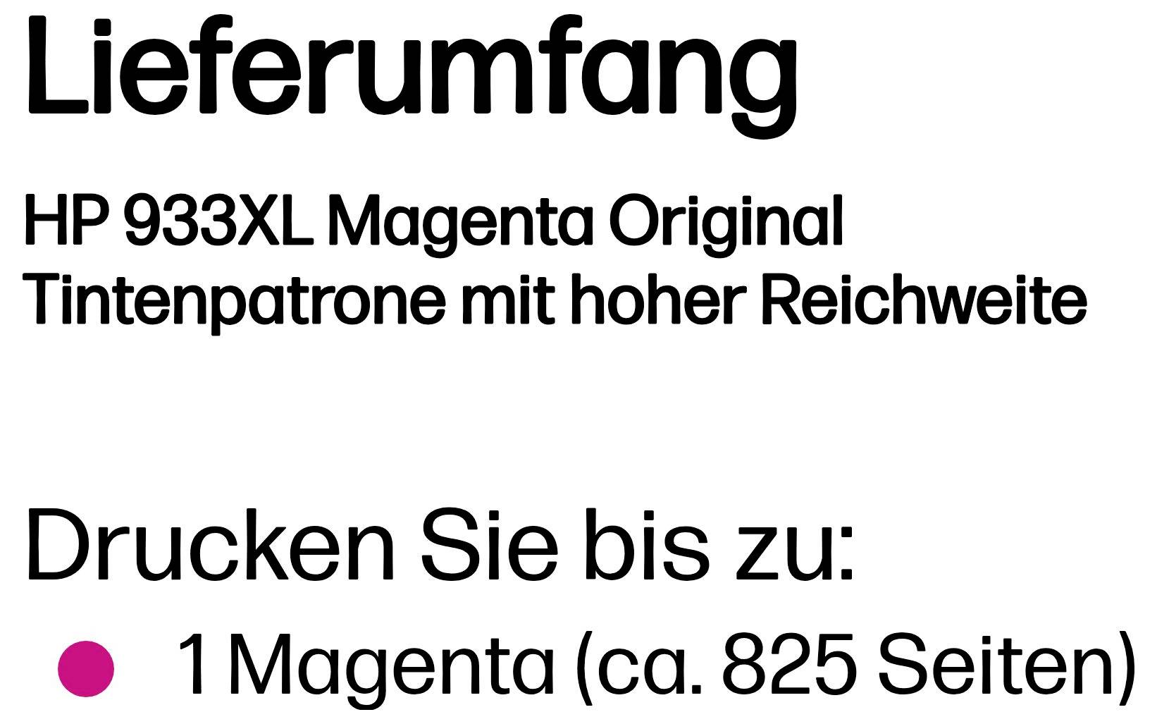 Produktverpackungstext in Deutsch für die HP 933XL Magenta-Tintenpatrone mit dem Hinweis auf den Original-Druckkopf mit hoher Reichweite und bis zu 825 Seiten.