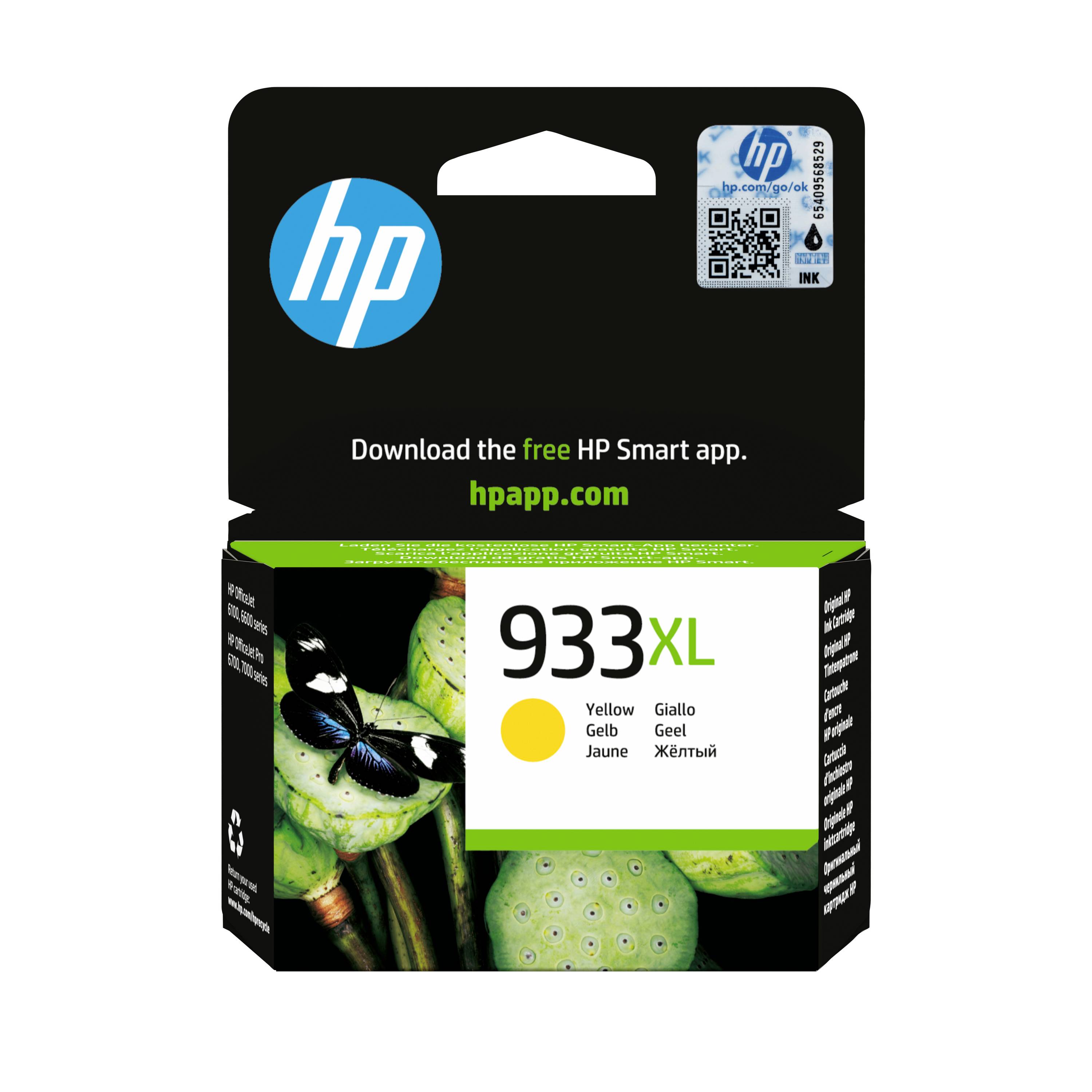 HP 933XL gelbe Tintenpatrone-Verpackung mit dem Aufdruck „Lade die kostenlose HP Smart App herunter“ und hpapp.com auf der Verpackung.