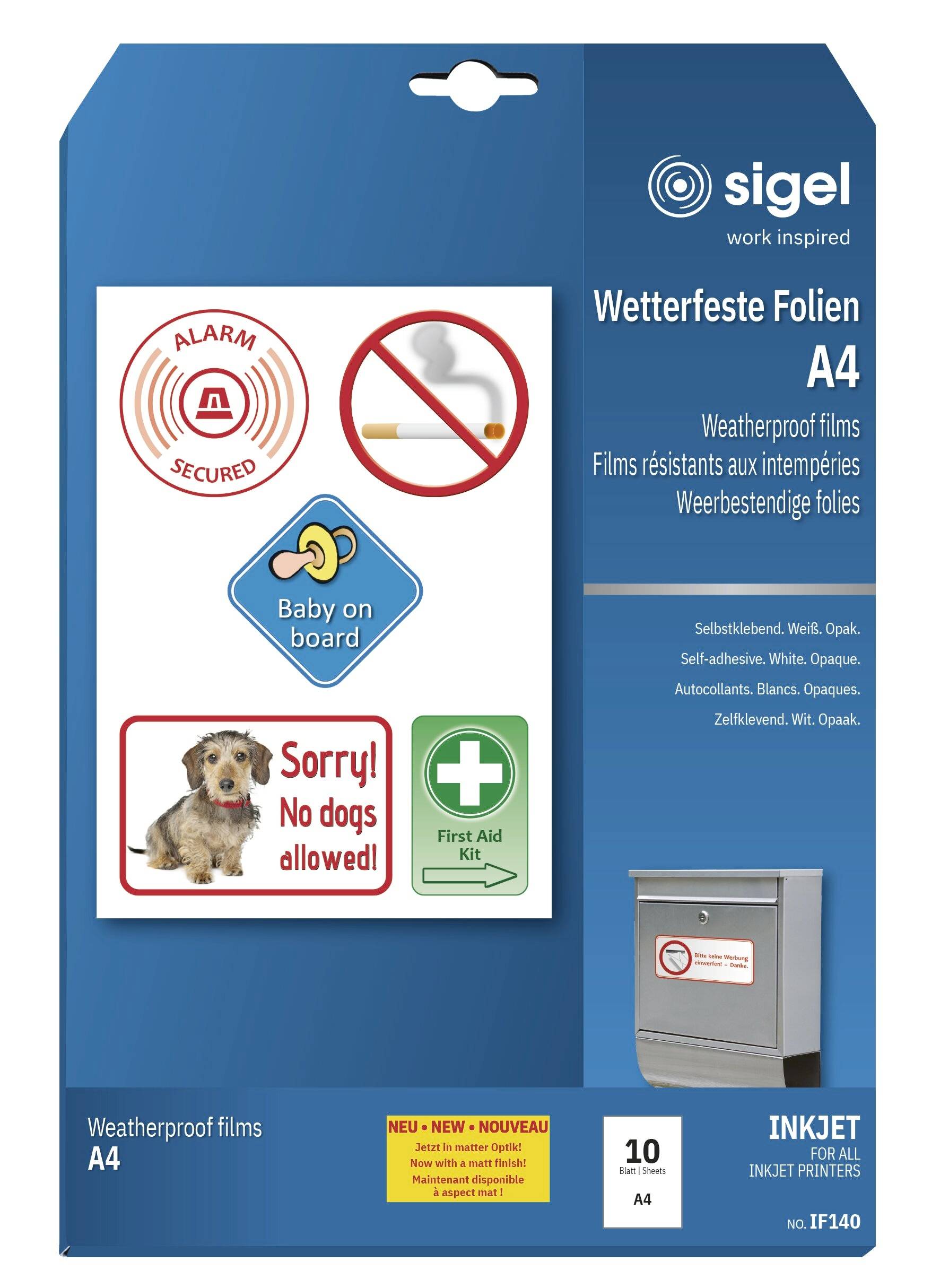 Paket mit Sigel-Wetterfest-A4-Inkjet-Folien mit Musteretikett: „Alarm gesichert", Rauchen verboten, „Baby an Bord", „Entschuldigung! Hunde nicht erlaubt!" und Erste Hilfe.