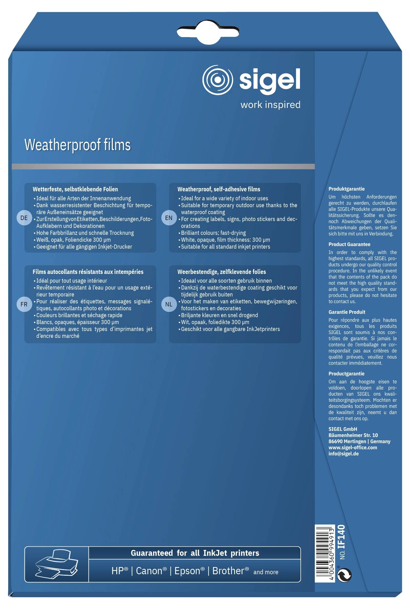 Verpackung für Sigel 'Wetterfeste Folien', mit mehrsprachigen Produktdetails und Tintenstrahldruckern-Kompatibilitätssymbolen auf einer blauen Box.