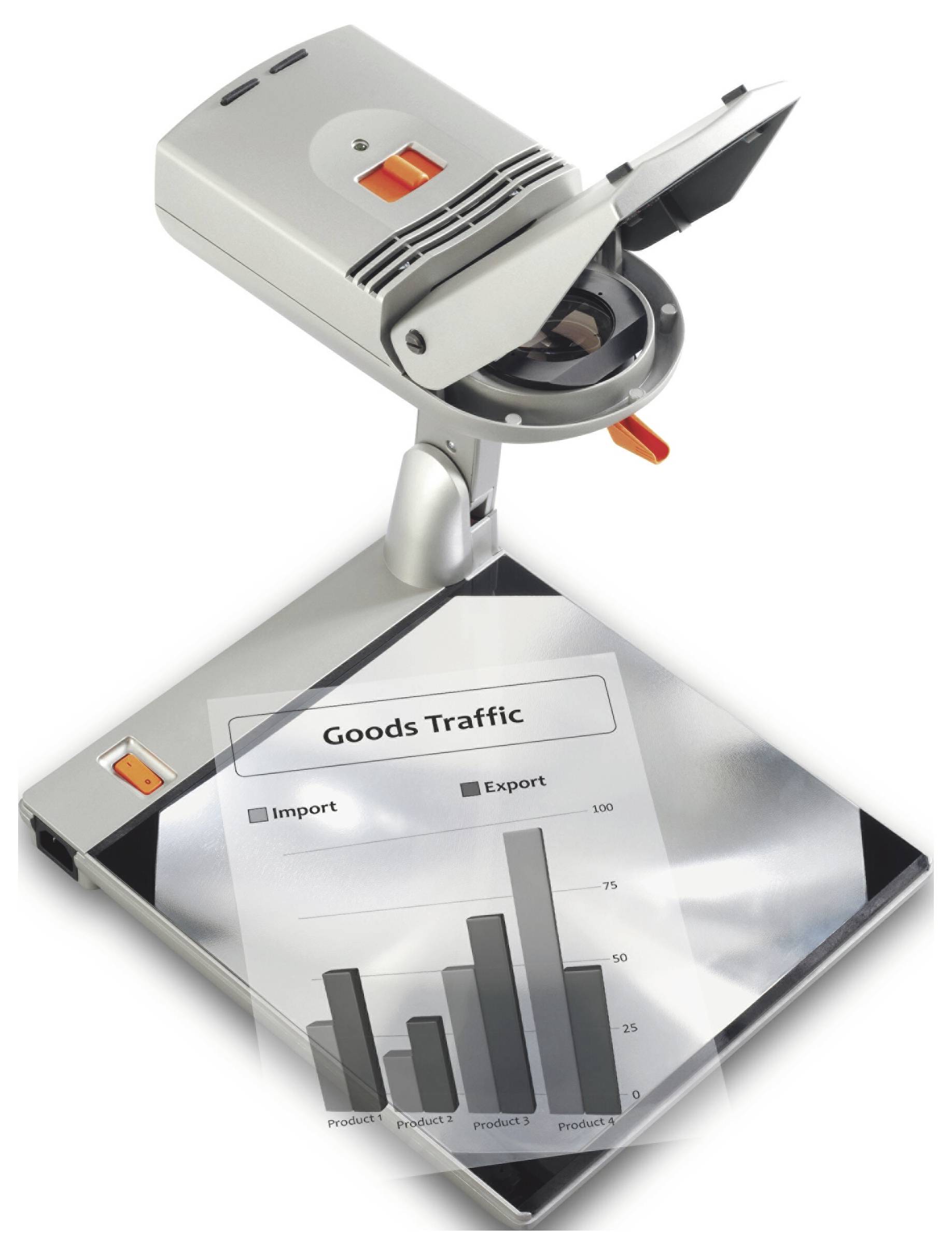 Ein tragbarer Scanner, der auf einem Ständer montiert ist, scannt ein Blatt mit einem Balkendiagramm "Warenverkehr" mit den Bezeichnungen Import und Export.
