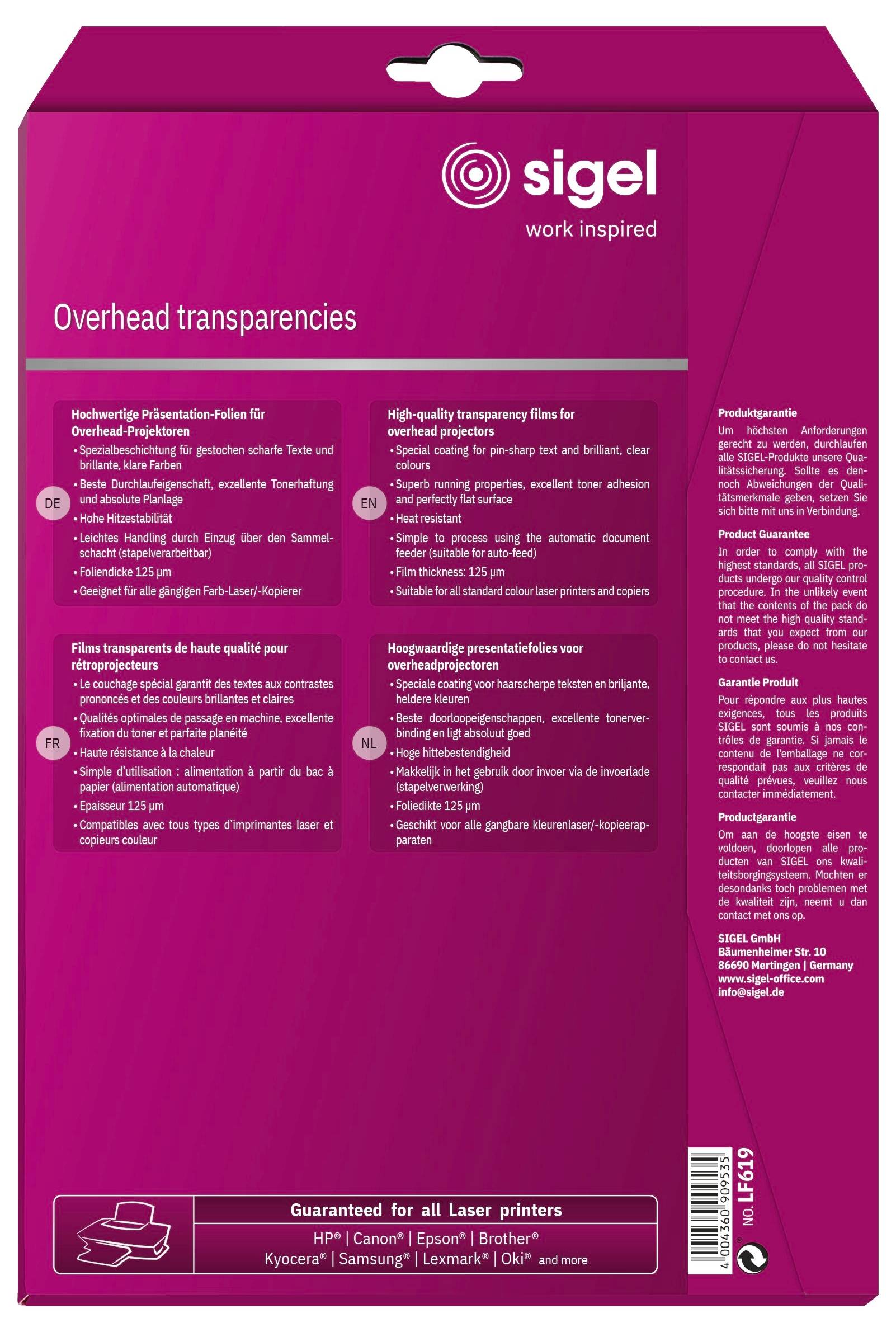 Sigel „Overhead-Folien" Packung in Magenta, zeigt Produktmerkmale für hochwertige Projektion und Druckerkompatibilität.