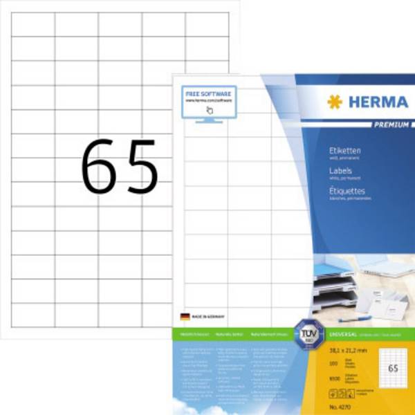 Herma 4270 Universal-Etiketten 38.1 x 21.2 mm Papier Weiß 6500 St. Permanent haftend Tintenstrahldrucker, Laserdrucker, Kopierer
