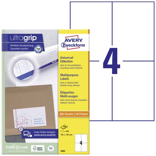 Avery-Zweckform 3483 Universal-Etiketten 105 x 148 mm Papier Weiß 400 St. Permanent haftend Tintenstrahldrucker, Laserdr...
