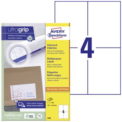 Avery-Zweckform 3483 Universal-Etiketten 105 x 148 mm Papier Weiß 400 St. Permanent haftend Tintenstrahldrucker, Laserdr