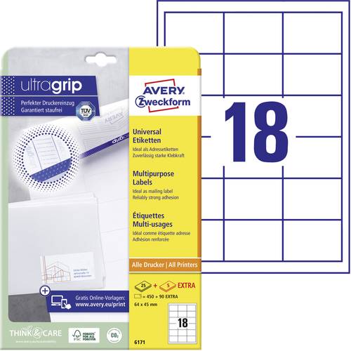 Avery-Zweckform 6171 Universal-Etiketten 64 x 45 mm Papier Weiß 540 St. Permanent haftend Tintenstrahldrucker, Laserdruc...