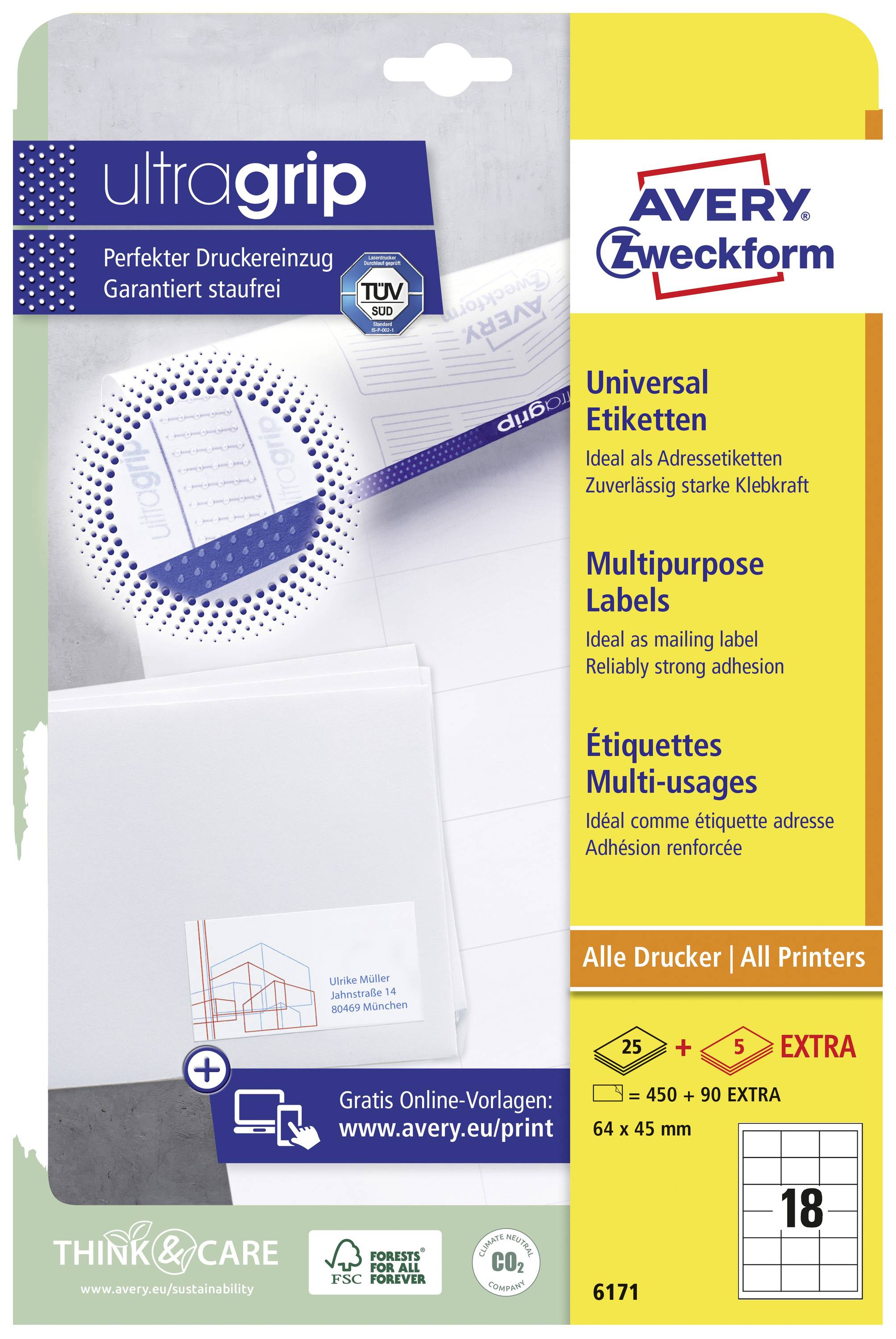 'Universal Etiketten für alle Drucker, 64x45,7 mm, 18 Etiketten/Blatt, 25 Blatt, Tinte und Laser geeignet, zuverlässig haftend.'