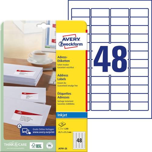 Avery-Zweckform J4791-25 Adress-Etiketten 45.7 x 21.2 mm Papier Weiß 1200 St. Permanent haftend Tintenstrahldrucker, Han...