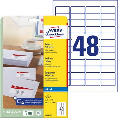 Avery-Zweckform J4791-25 Adress-Etiketten 45.7 x 21.2 mm Papier Weiß 1200 St. Permanent haftend Tintenstrahldrucker, Han