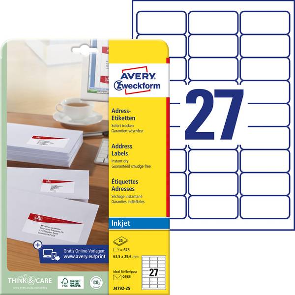 Avery-Zweckform J4792-25 Adress-Etiketten 63.5 x 29.6 mm Papier Weiß 675 St. Permanent haftend Tintenstrahldrucker, Handbeschriftung