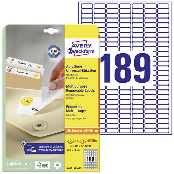 Avery-Zweckform L4731REV-25 Universal-Etiketten 25.4 x 10 mm Papier Weiß 5760 St. Wiederablösbar Tintenstrahldrucker, Laserdrucker, Farblaserdrucker, Kopierer, Farbkopierer, Handbeschriftung