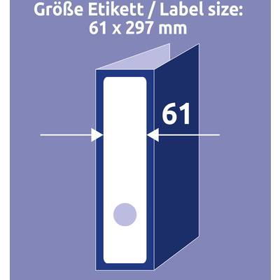 'Größe Etikett / Label size: 61 x 297 mm' auf einem blauen Aktenordner dargestellt.