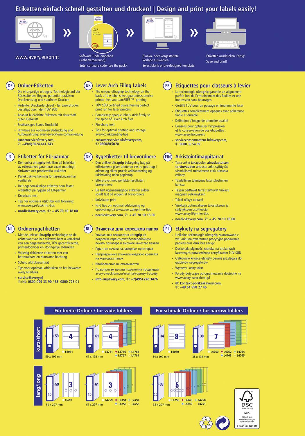 Ein Poster mit Anweisungen zur Gestaltung und zum Druck von Etiketten, inklusive Schritt-für-Schritt-Textanleitung und Farbbeispielen.