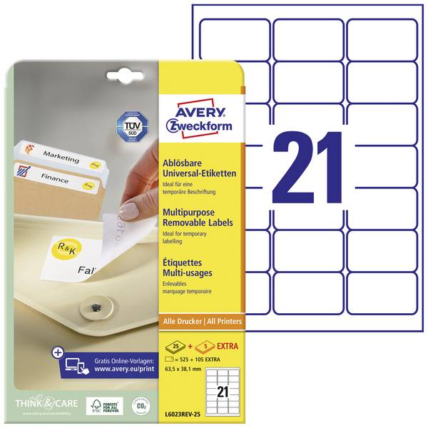 Avery-Zweckform L6023REV-25 Universal-Etiketten 63.5 x 38.1 mm Papier Weiß 630 St. Wiederablösbar Tintenstrahldrucker, Laserdrucker, Farblaserdrucker, Kopierer, Farbkopierer, Handbeschriftung