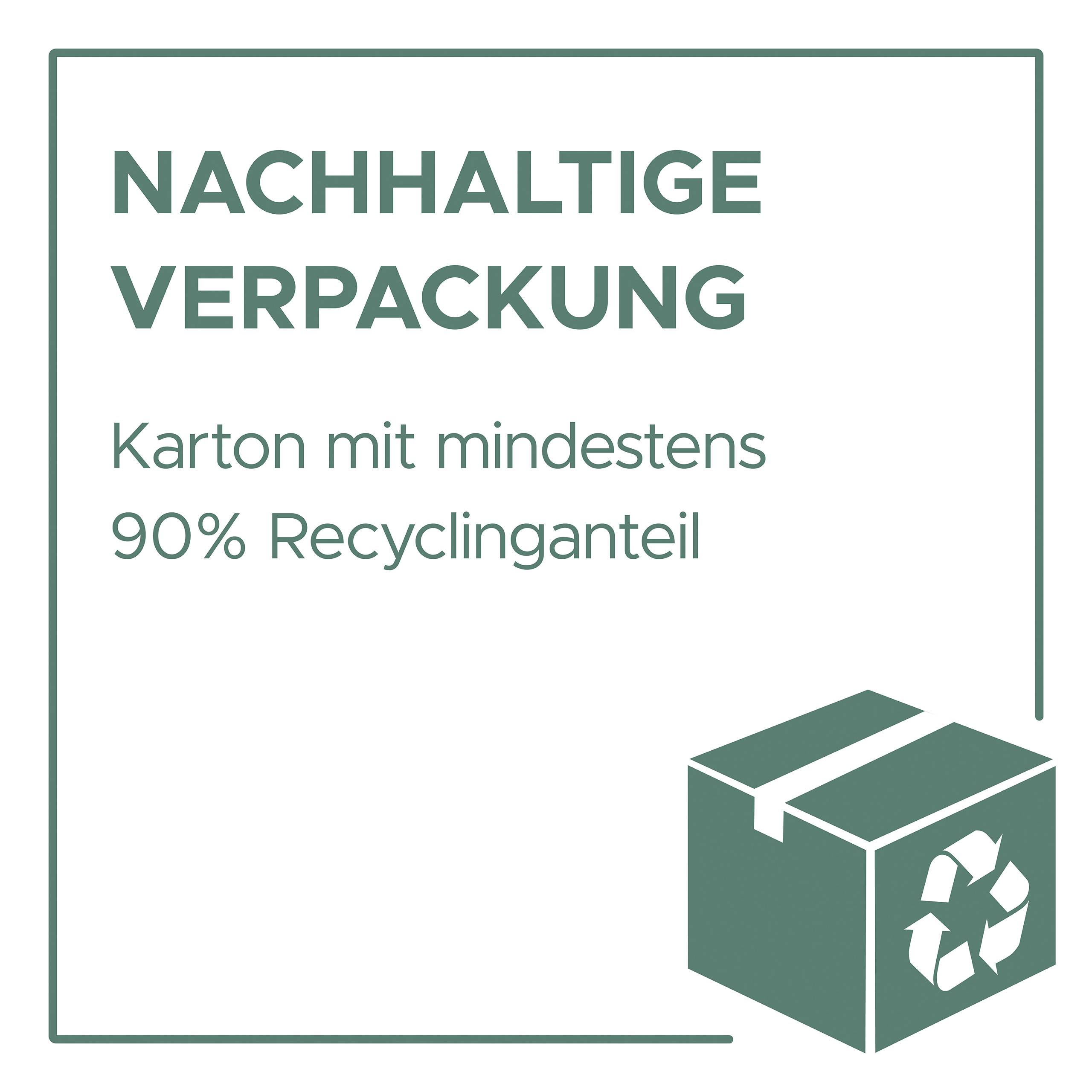 'Nachhaltige Verpackung: Karton mit mindestens 90% Recyclinganteil' steht neben einem Kartonsymbol mit Recyclingzeichen.
