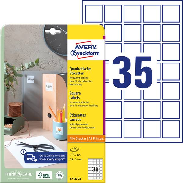 Avery-Zweckform L7120-25 QR-Code-Etiketten 35 x 35 mm Papier Weiß 875 St. Permanent haftend Tintenstrahldrucker, Laserdrucker, Farblaserdrucker, Kopierer, Farbkopierer, Handbeschriftung