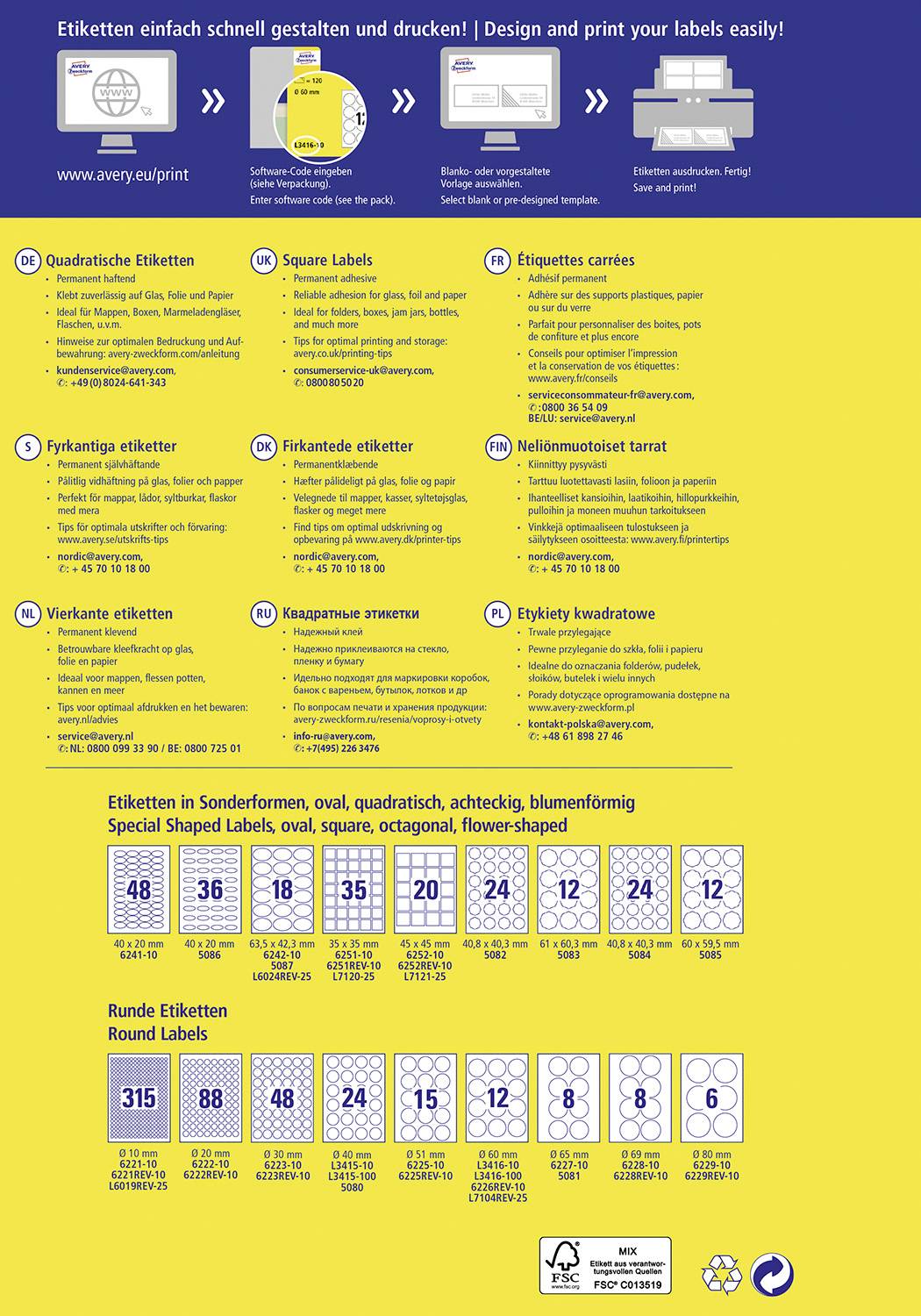 'Etiketten einfach schnell gestalten und drucken' zeigt verschiedene Etikettenformen. Anleitungen und Beispiele illustrieren die Herstellung.