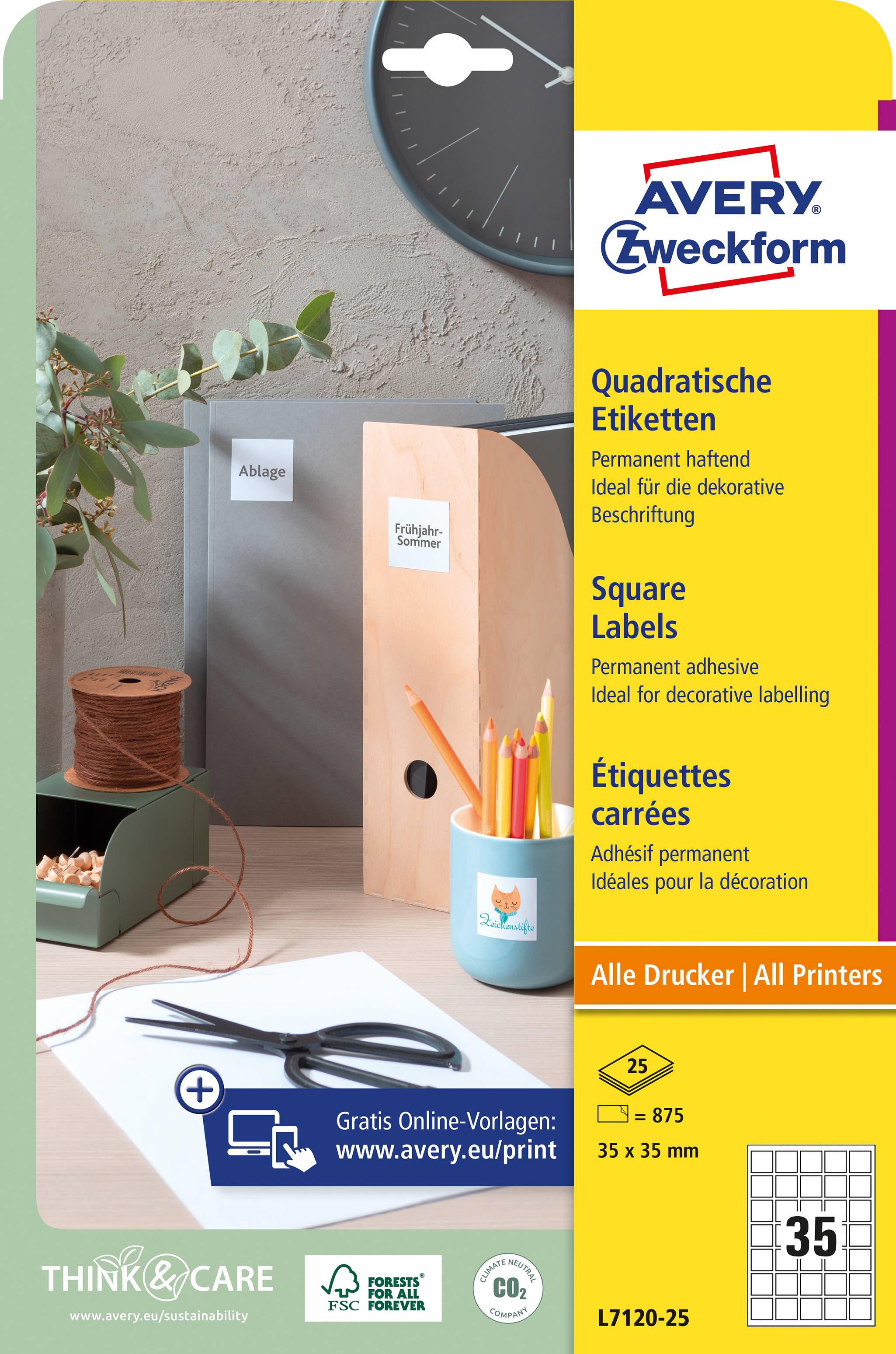 Quadratische Etiketten von Avery Zweckform, permanent haftend, ideal für dekorative Beschriftung. Geeignet für alle Drucker.