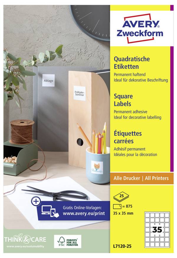 Avery-Zweckform L7120-25 QR-Code-Etiketten 35 x 35 mm Papier Weiß 875 St. Permanent haftend Tintenstrahldrucker, Laserdrucker, Farblaserdrucker, Kopierer, Farbkopierer, Handbeschriftung