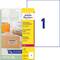Eine Verpackung von AVERY Zweckform-Etiketten, transparent, für Versand, 210 x 297 mm, Größe 1. Enthält 25 Etikettenbögen.