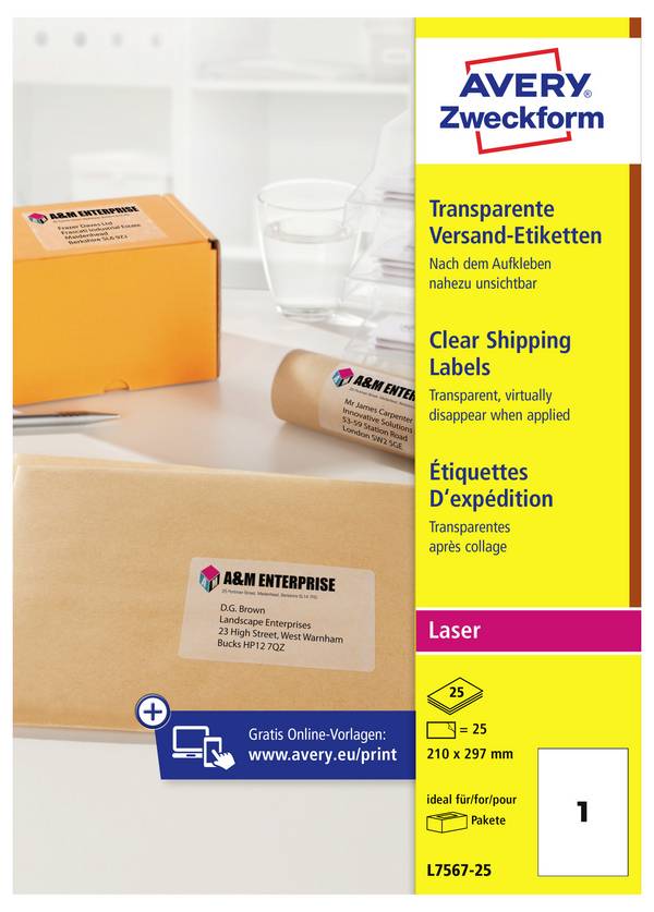 Avery-Zweckform L7567-25 Adress-Etiketten 210 x 297 mm Polyester-Folie Transparent 25 St. Permanent haftend Laserdrucker, Farblaserdrucker, Kopierer, Farbkopierer, Handbeschriftung
