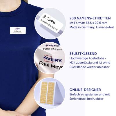 Ein Computerbildschirm zeigt: 'Ihr Design' und 'www.avery.eu-vorlagen'. Darunter steht 'Gratis Online-Vorlagen'. Eine Hand hält eine Maus.