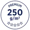 'Premium 250 g/m²' in blauer Schrift auf weißem Hintergrund, darunter fünf Sterne in einer Reihe.