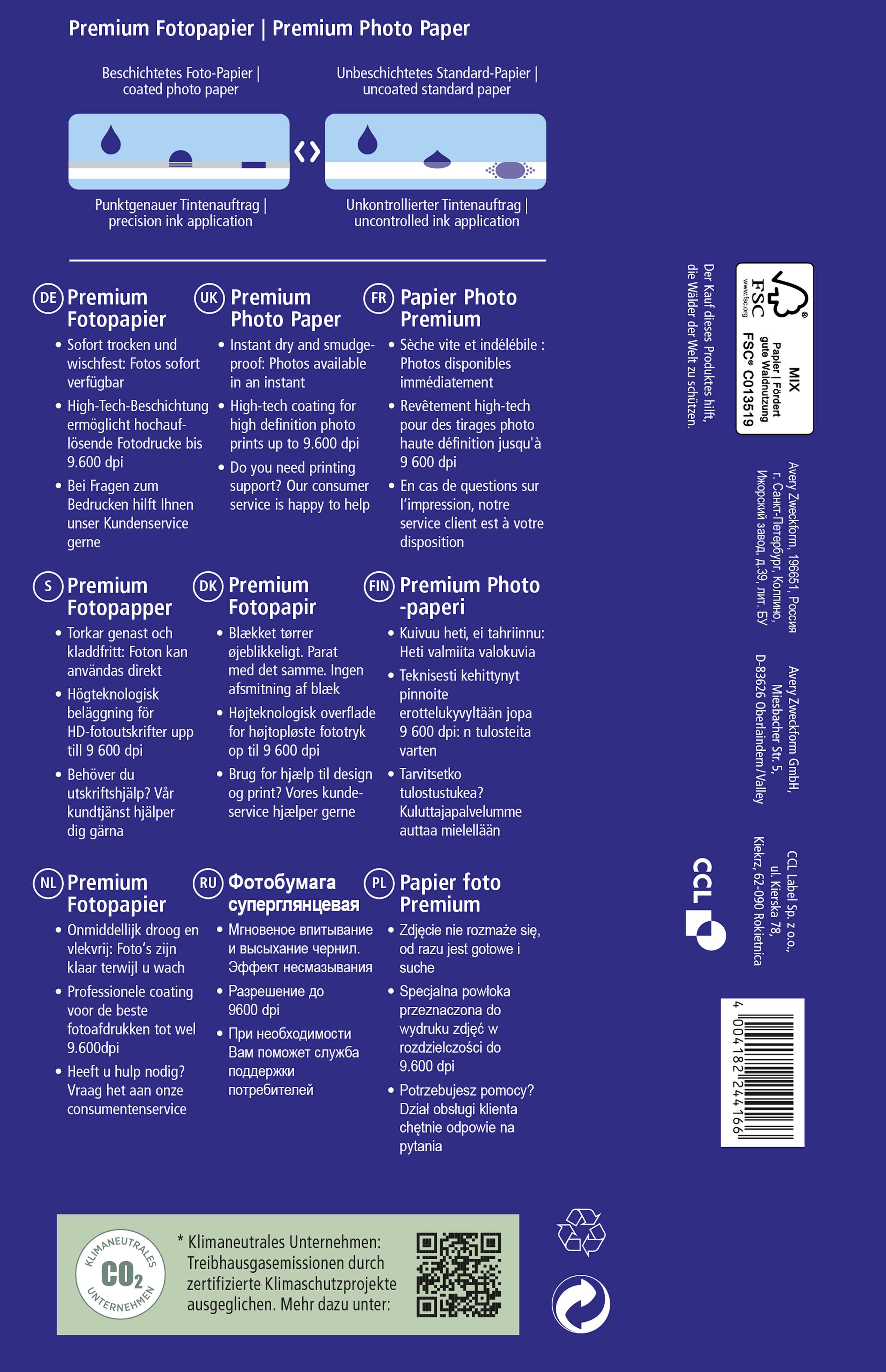'Premium Fotopapier' Produktverpackung mit Spezifikationen auf Deutsch, Englisch, Französisch und Russisch. Enthält CO2-Informationen.