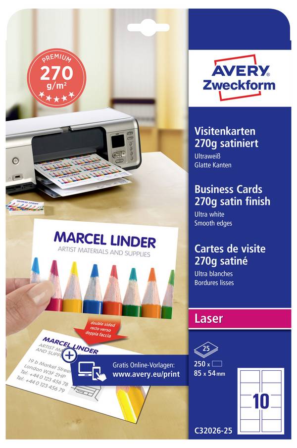 Avery-Zweckform C32026-25 Bedruckbare Visitenkarten, glatte Kanten 85 x 54 mm Ultra-Weiß 250 St. Papierformat: DIN A4