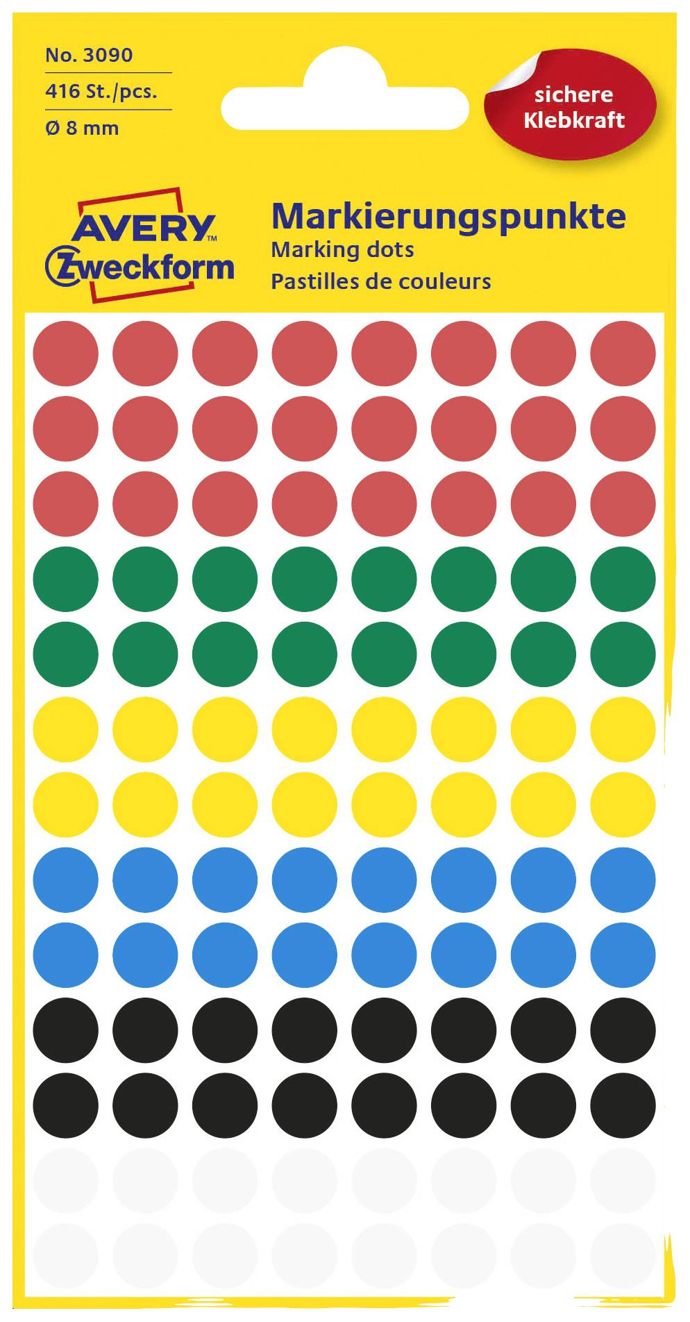 Eine Packung mit bunten Markierungspunkten in Rot, Grün, Blau, Gelb und Schwarz, geeignet zum Markieren von Dokumenten oder Objekten.