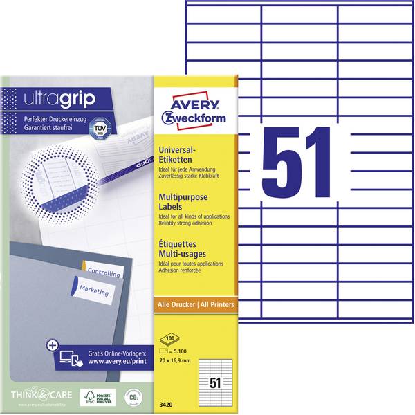 Avery-Zweckform 3420 Universal-Etiketten 70 x 16.9 mm Papier Weiß 5100 St. Permanent haftend Tintenstrahldrucker, Laserdrucker, Farblaserdrucker, Kopierer, Farbkopierer, Handbeschriftung