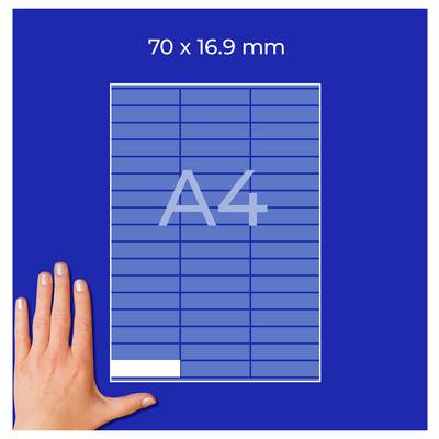 A4-Format mit den Maßen 70 × 16,9 mm, dargestellt als blaues Blatt mit Raster und Hand zum Größenvergleich.<br>