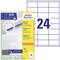 'Universal-Etiketten' von Avery Zweckform, geeignet für alle Drucker. Verpackung zeigt Etikettenanwendung und -layout, 24 Etiketten pro Blatt. Ideal für vielseitige Anwendungen.